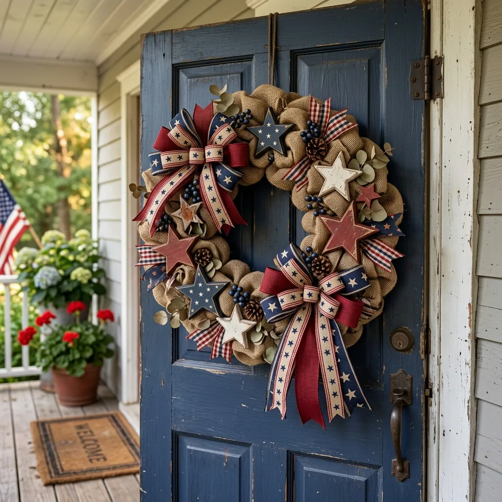 Rustic burlap patriotic wreath on a farmhouse door